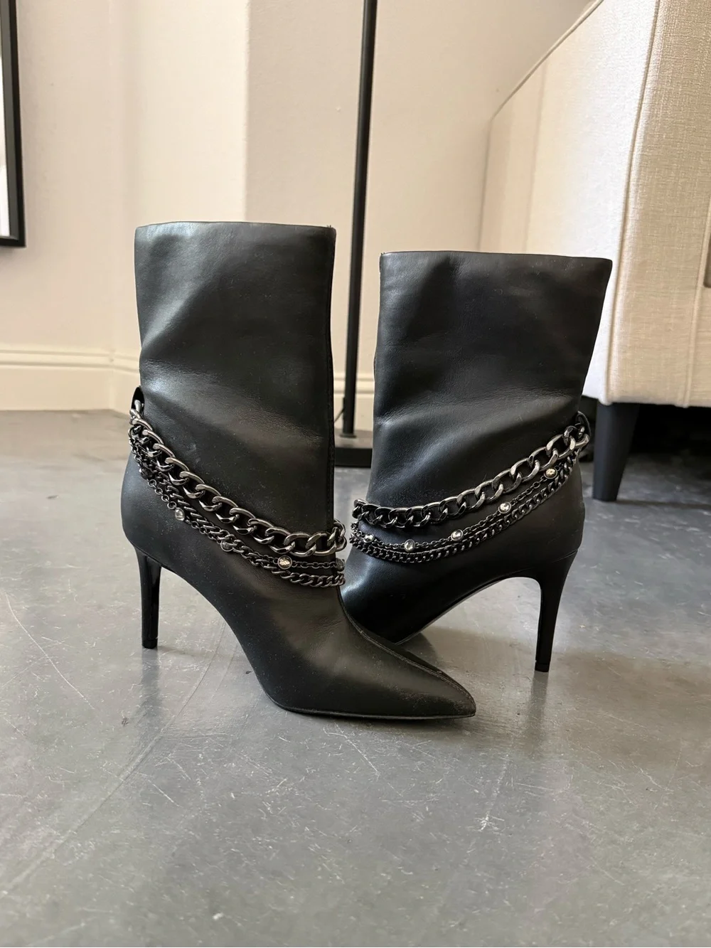 Guess Black Stiletto Bootie with Chain Detail